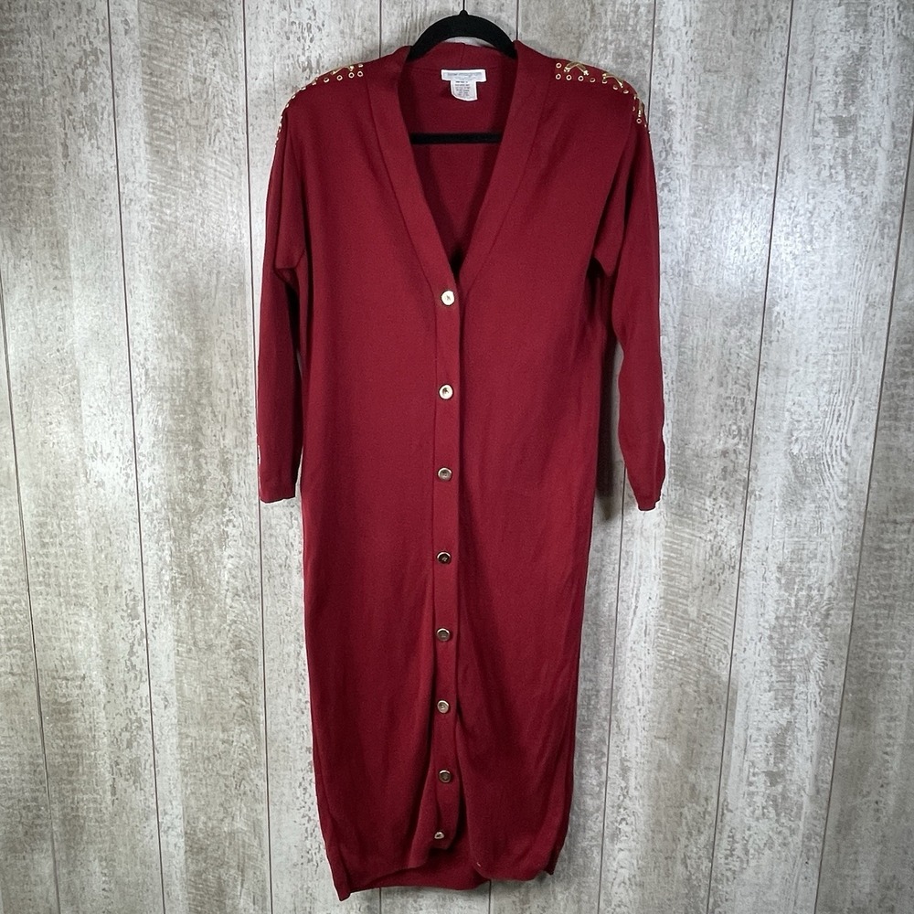Lew Magram Long Cardigan Womens Small Burgundy Button Up Studded Long Sleeve Vtg